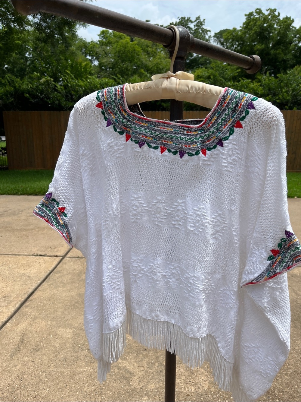 White Fringe Poncho with Colorful Embroidered Neckline